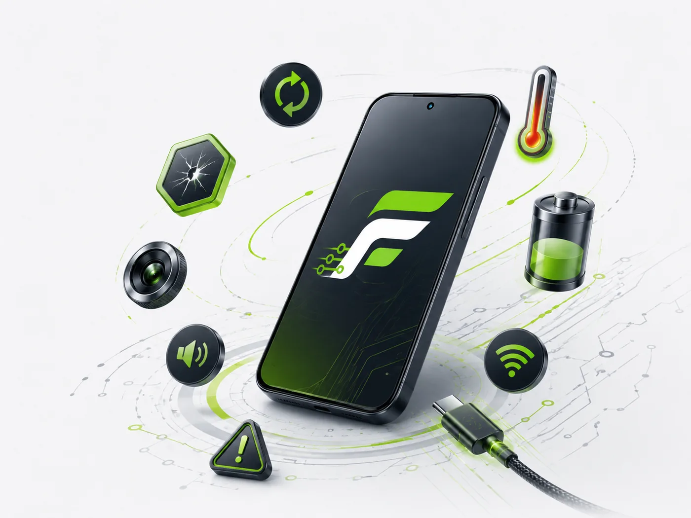 Cihaz sorunlarını simgeleyen ikonlarla çevrili telefon